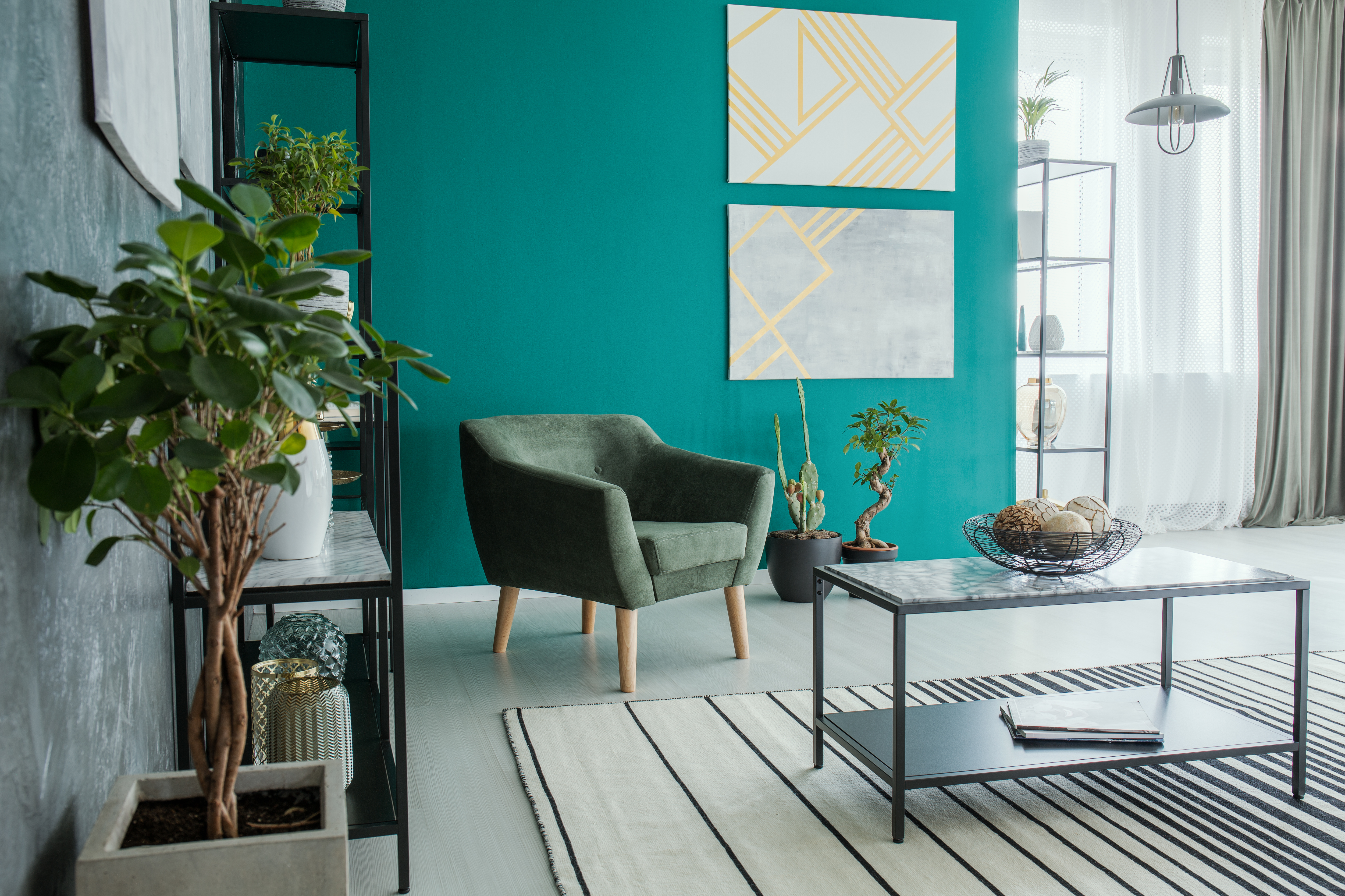 modern lounge with turquoise wall
