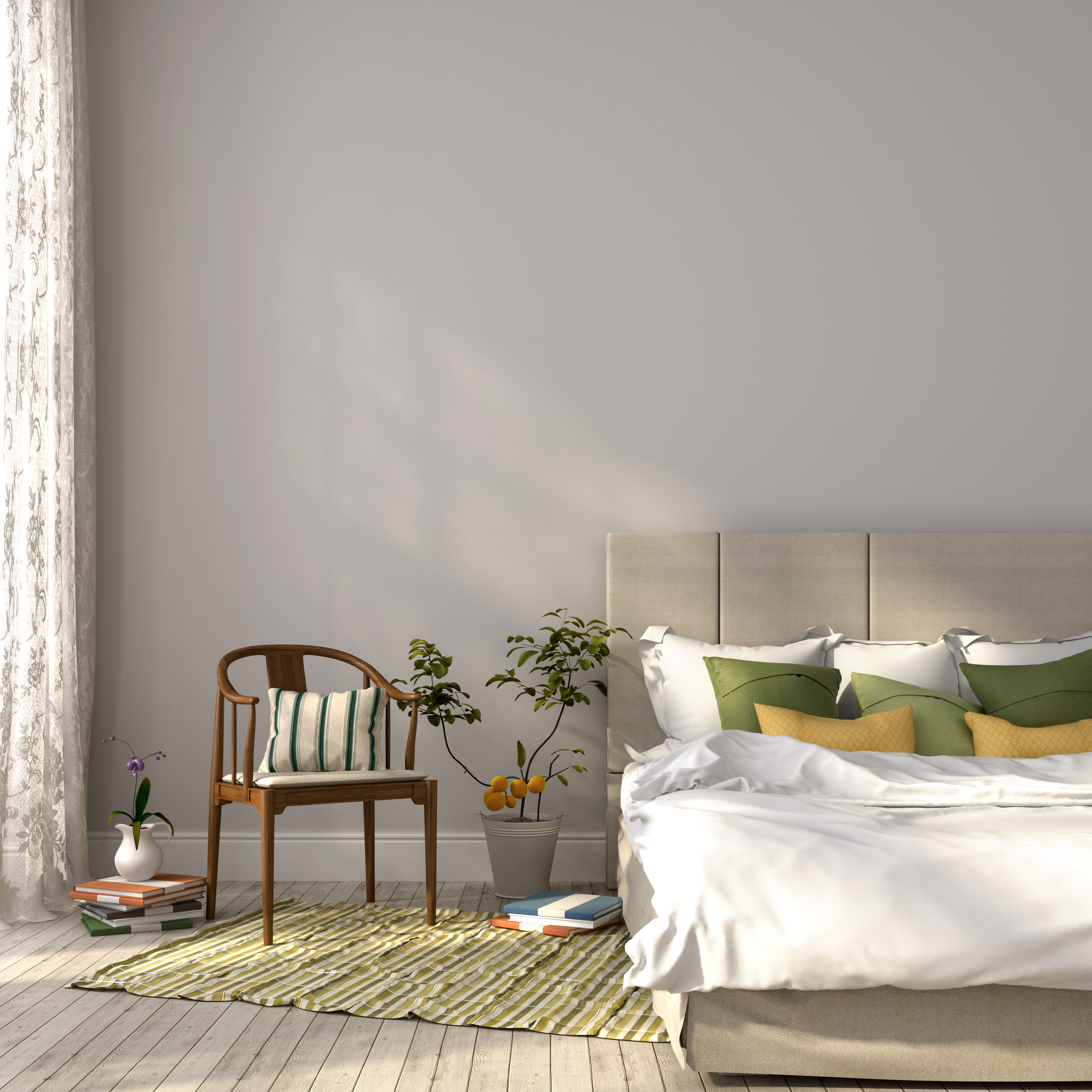 bedroom with sheer curtains