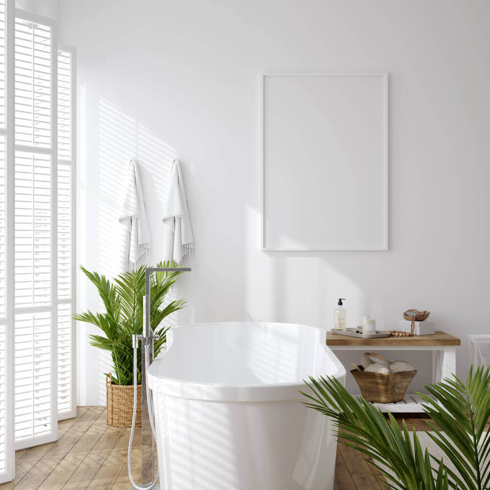 white and airy bathroom with blinds